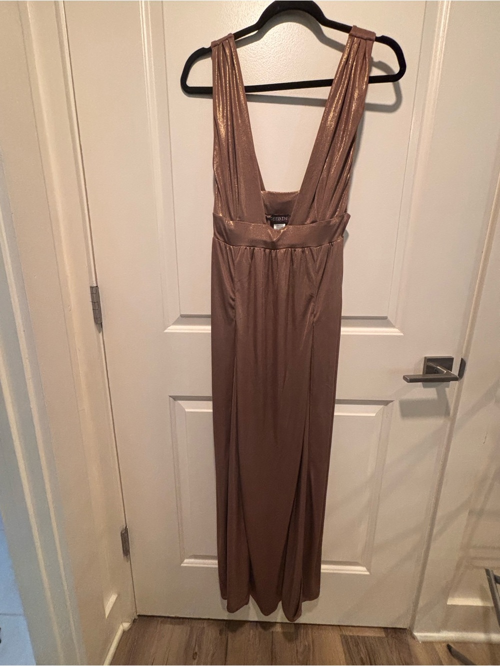 Shimmery Taupe V-Neck Maxi Dress